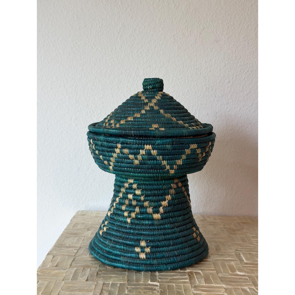 Handwoven Decorative Pedestal Basket Bowl with Lid Teal and Cream